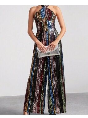 Rainbow Multicolor Sequin Party Halter Neck Women's Jumpsuit